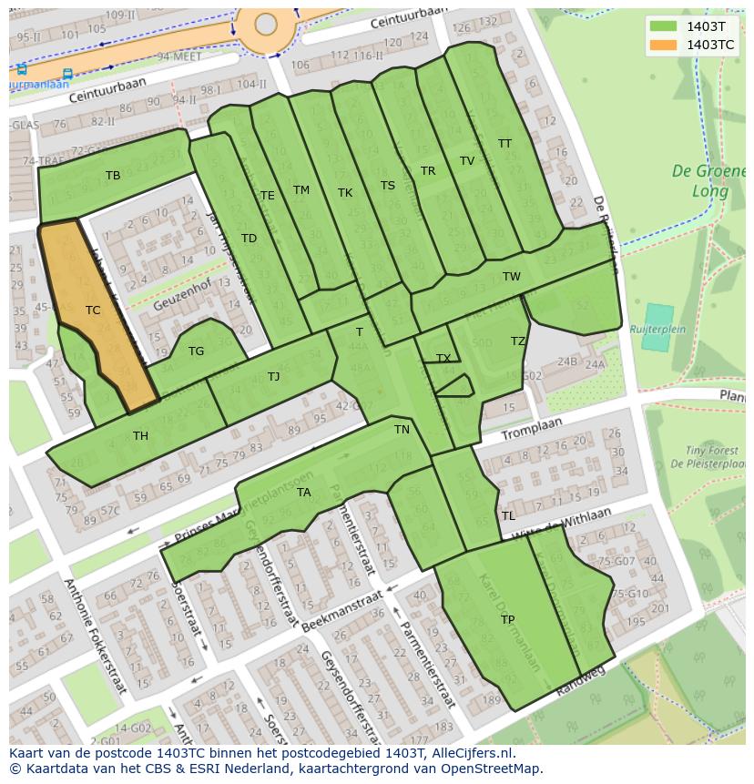 Afbeelding van het postcodegebied 1403 TC op de kaart.
