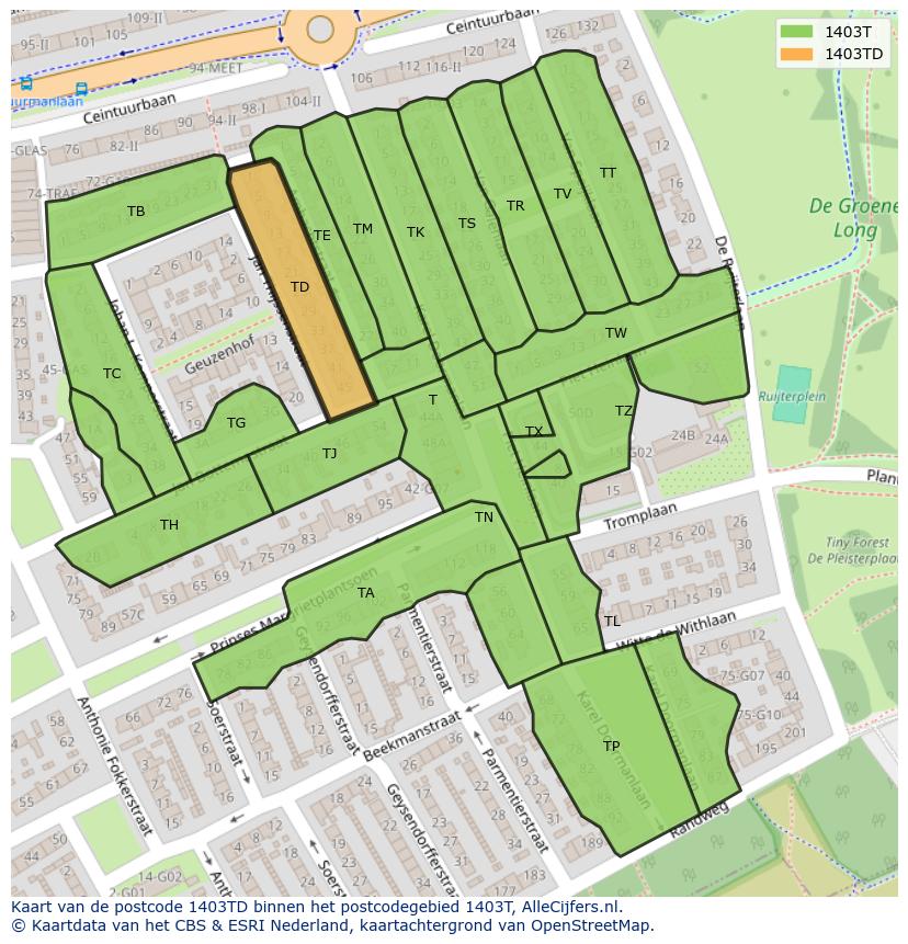 Afbeelding van het postcodegebied 1403 TD op de kaart.