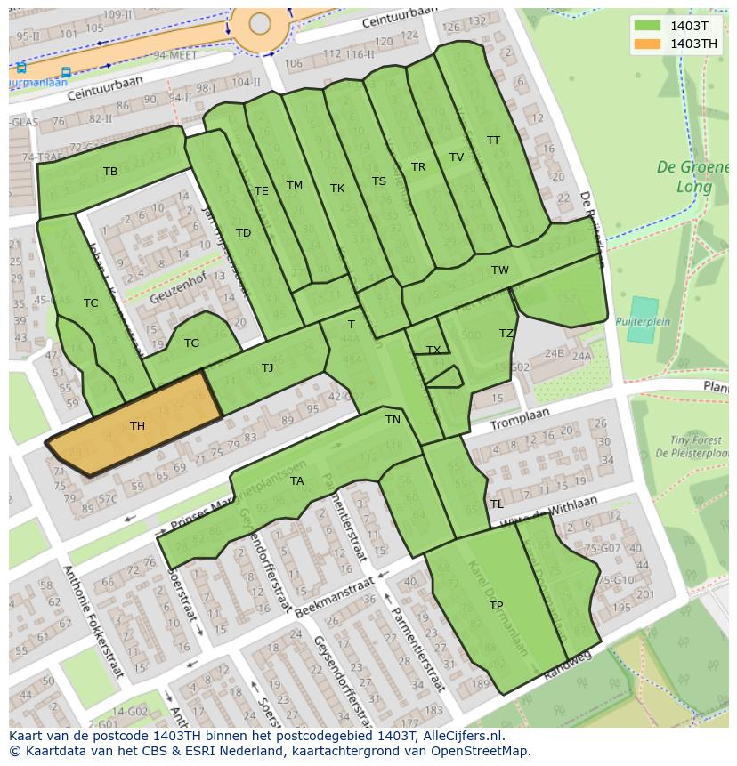 Afbeelding van het postcodegebied 1403 TH op de kaart.