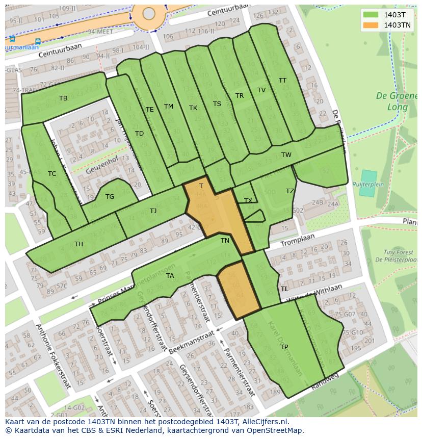 Afbeelding van het postcodegebied 1403 TN op de kaart.