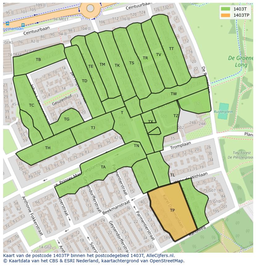 Afbeelding van het postcodegebied 1403 TP op de kaart.