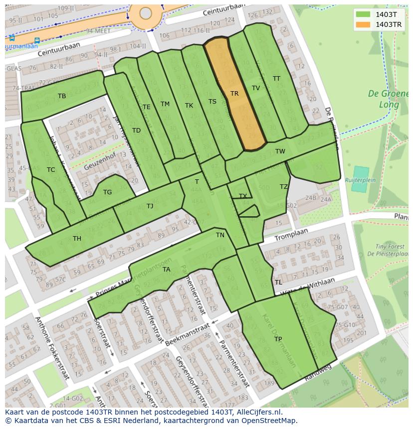 Afbeelding van het postcodegebied 1403 TR op de kaart.
