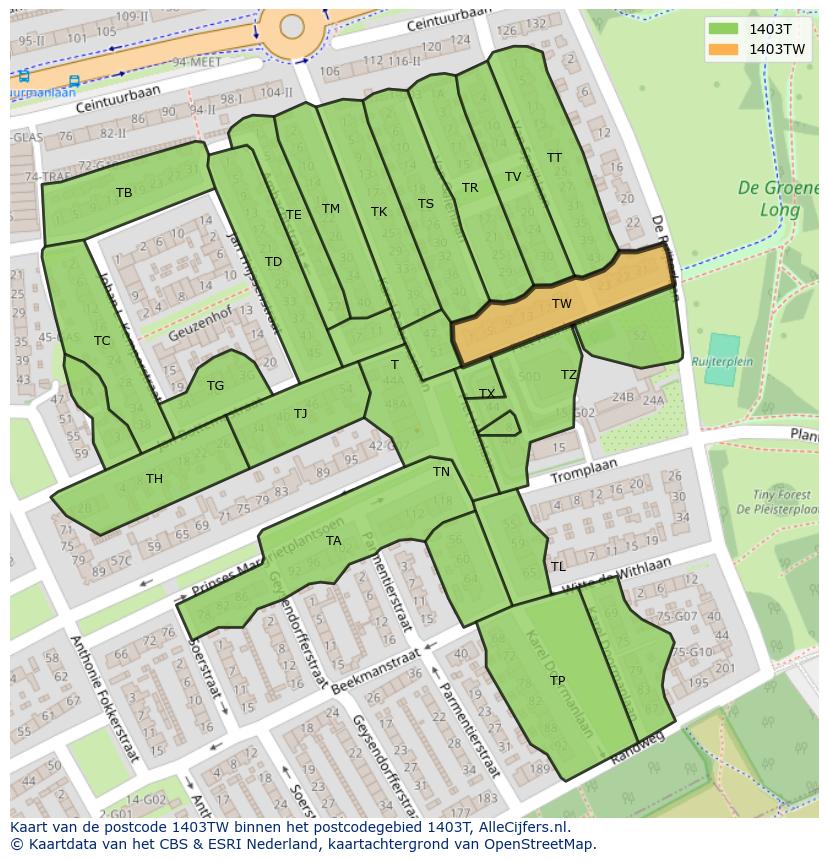 Afbeelding van het postcodegebied 1403 TW op de kaart.