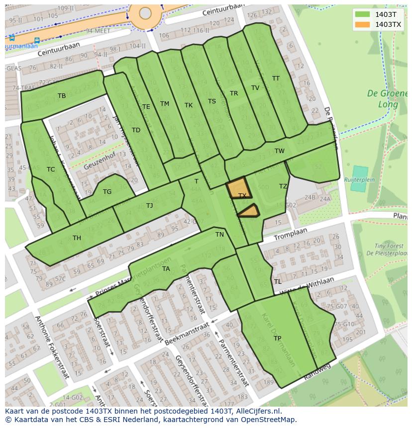 Afbeelding van het postcodegebied 1403 TX op de kaart.