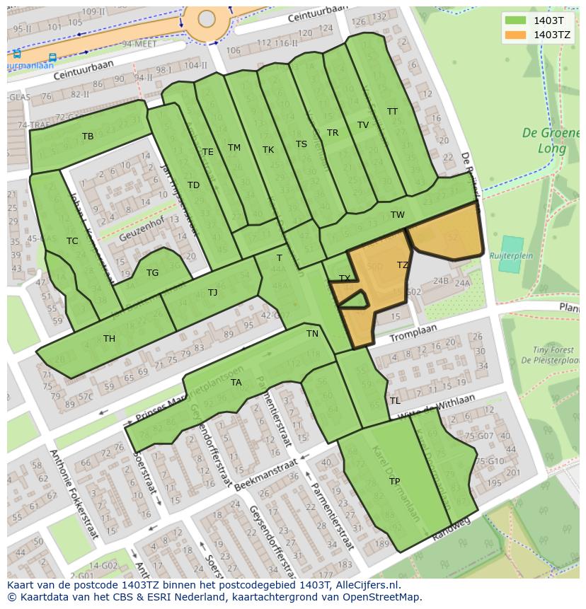 Afbeelding van het postcodegebied 1403 TZ op de kaart.
