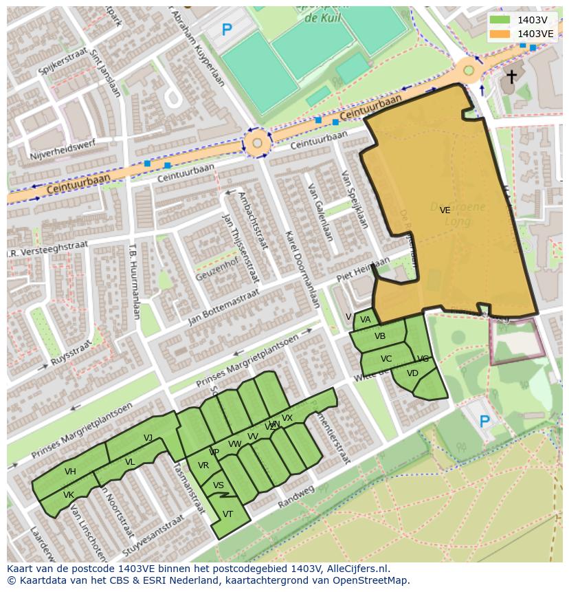 Afbeelding van het postcodegebied 1403 VE op de kaart.
