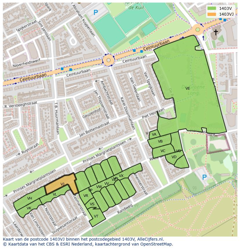 Afbeelding van het postcodegebied 1403 VJ op de kaart.