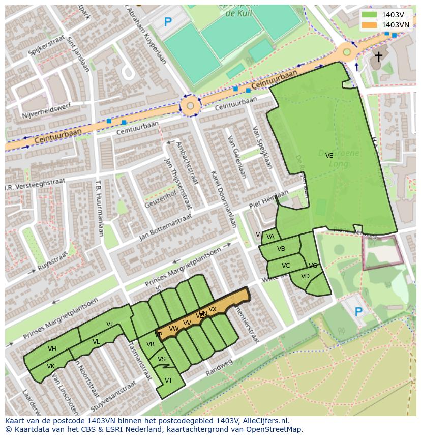Afbeelding van het postcodegebied 1403 VN op de kaart.