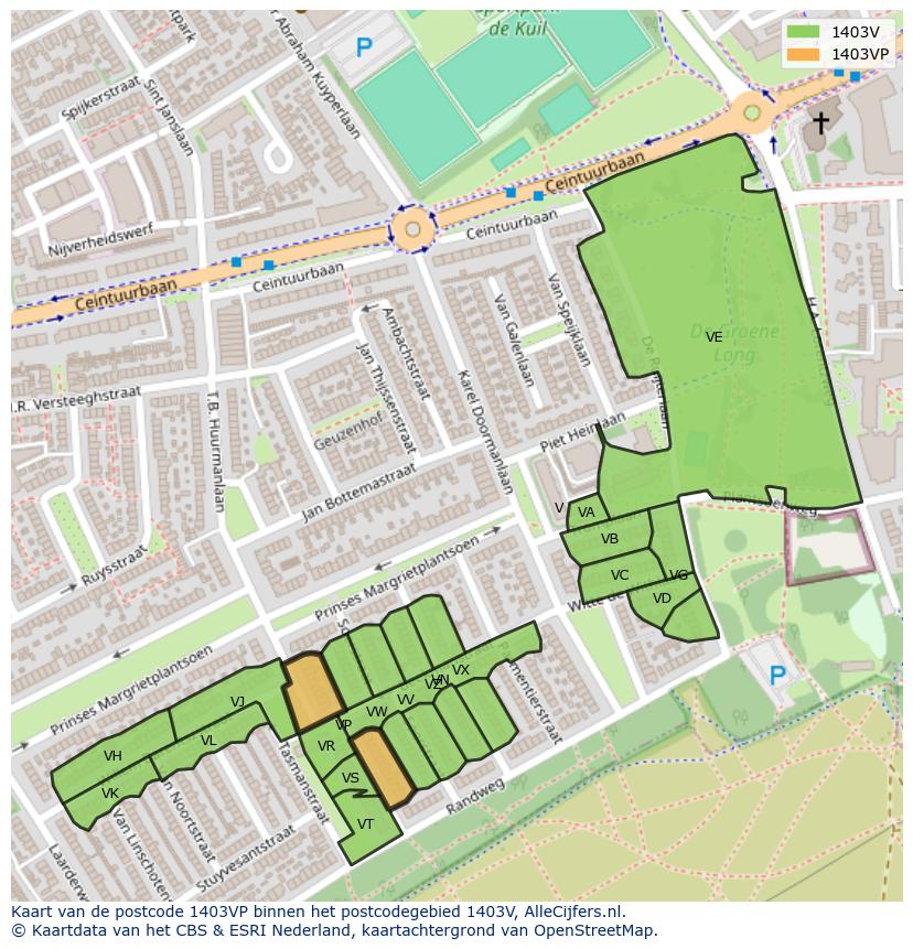 Afbeelding van het postcodegebied 1403 VP op de kaart.