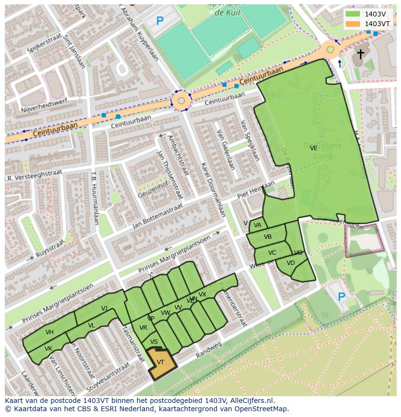 Afbeelding van het postcodegebied 1403 VT op de kaart.