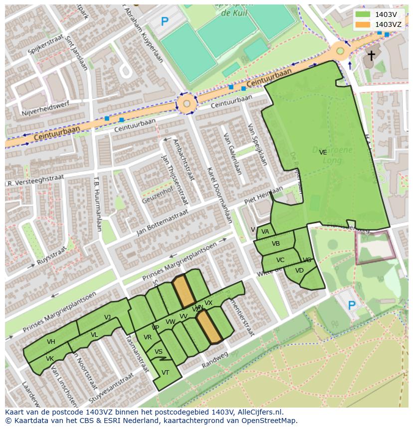 Afbeelding van het postcodegebied 1403 VZ op de kaart.