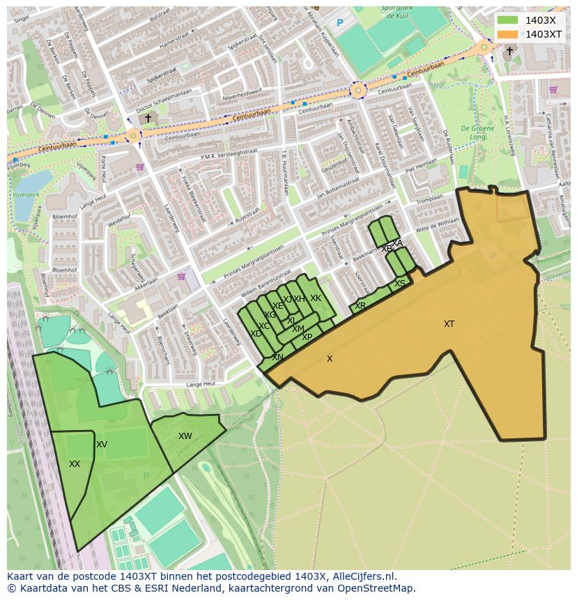 Afbeelding van het postcodegebied 1403 XT op de kaart.