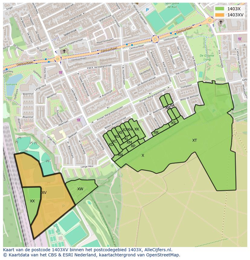 Afbeelding van het postcodegebied 1403 XV op de kaart.