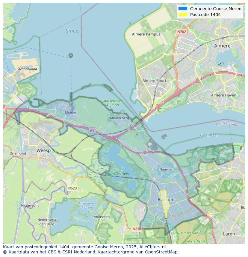 Afbeelding van het postcodegebied 1404 op de kaart.