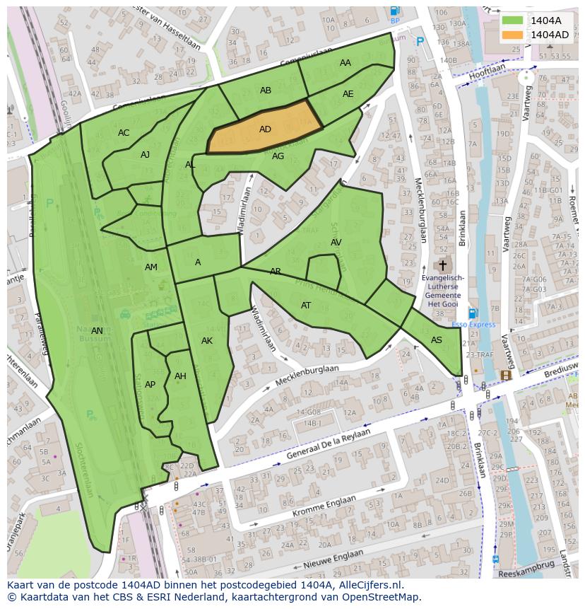 Afbeelding van het postcodegebied 1404 AD op de kaart.