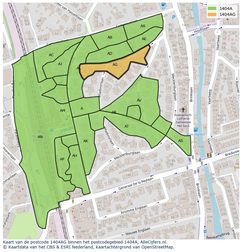 Afbeelding van het postcodegebied 1404 AG op de kaart.