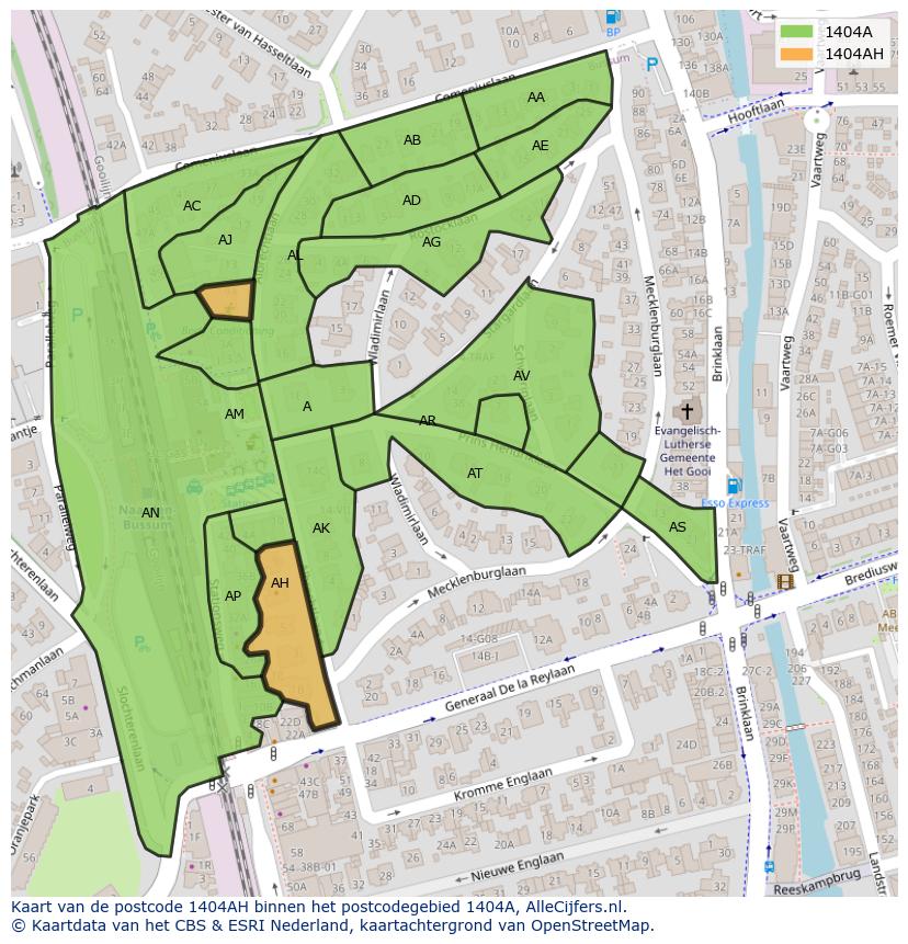 Afbeelding van het postcodegebied 1404 AH op de kaart.
