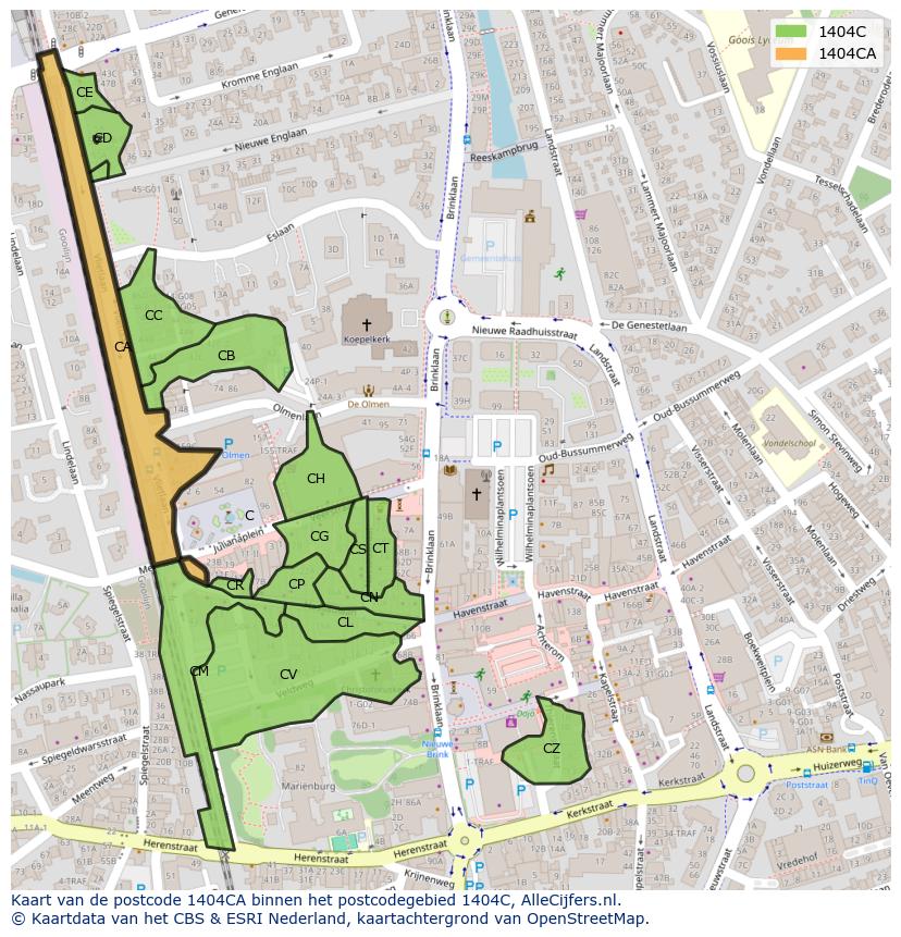 Afbeelding van het postcodegebied 1404 CA op de kaart.