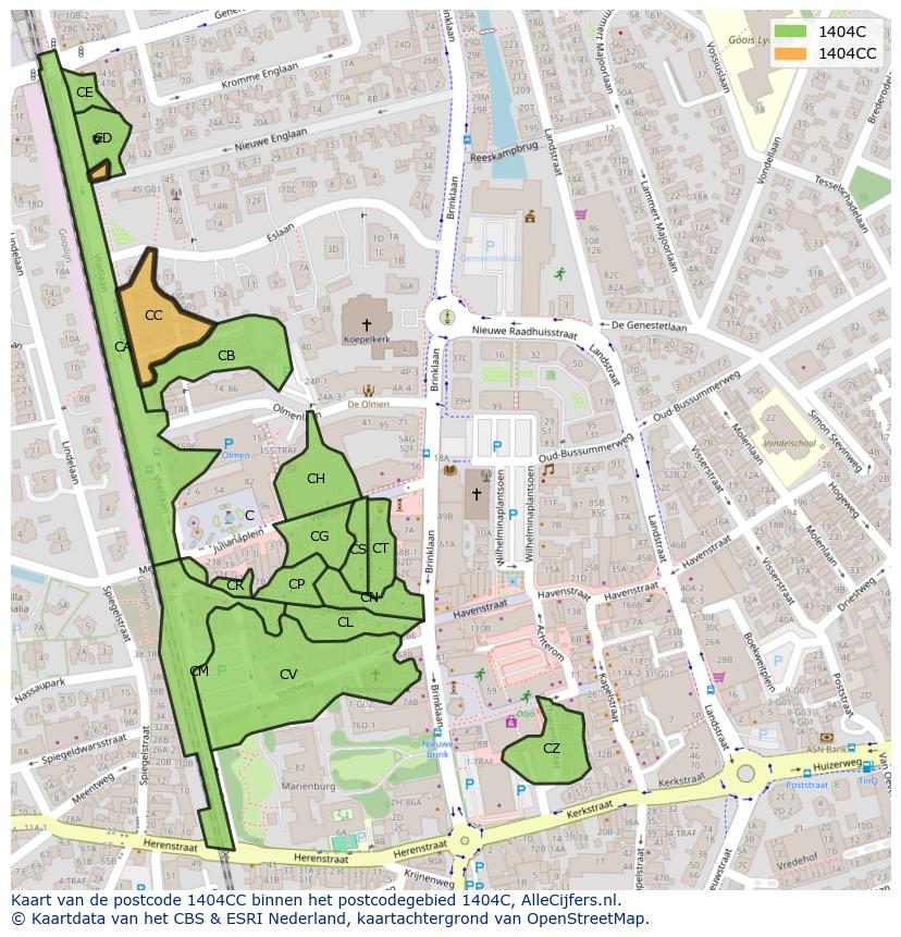 Afbeelding van het postcodegebied 1404 CC op de kaart.