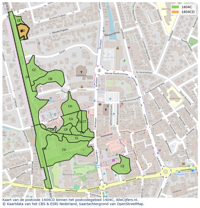 Afbeelding van het postcodegebied 1404 CD op de kaart.