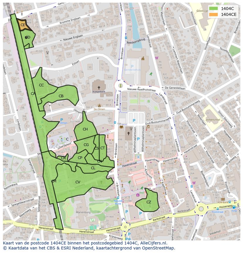 Afbeelding van het postcodegebied 1404 CE op de kaart.