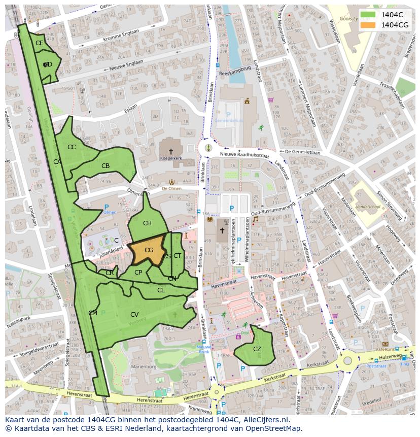 Afbeelding van het postcodegebied 1404 CG op de kaart.