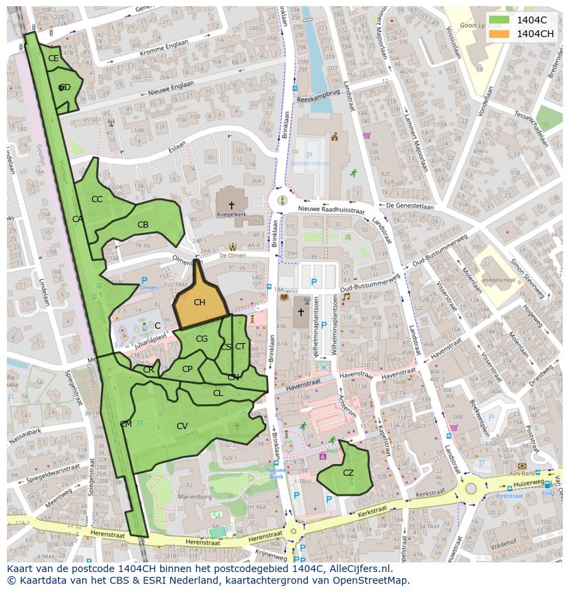 Afbeelding van het postcodegebied 1404 CH op de kaart.