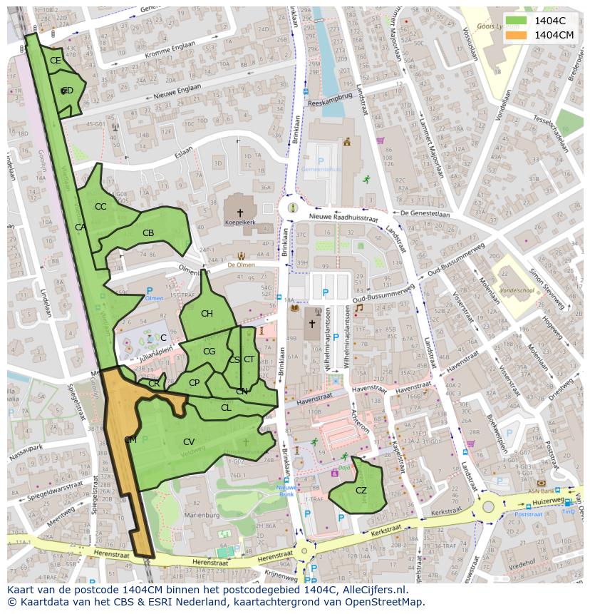 Afbeelding van het postcodegebied 1404 CM op de kaart.