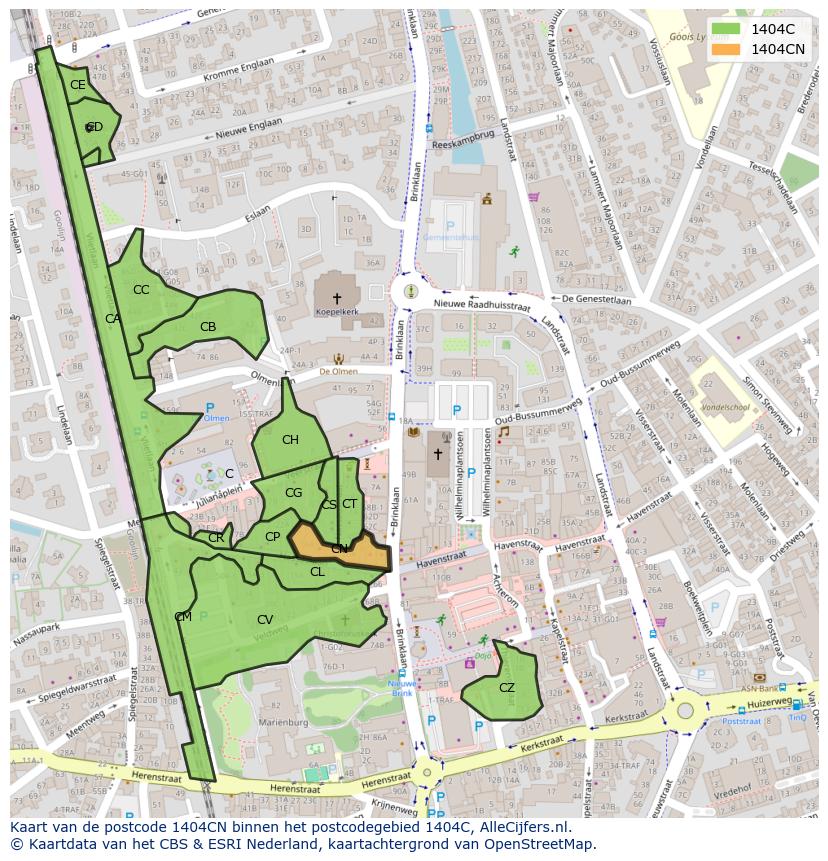 Afbeelding van het postcodegebied 1404 CN op de kaart.