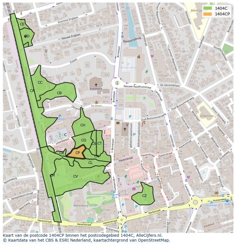 Afbeelding van het postcodegebied 1404 CP op de kaart.