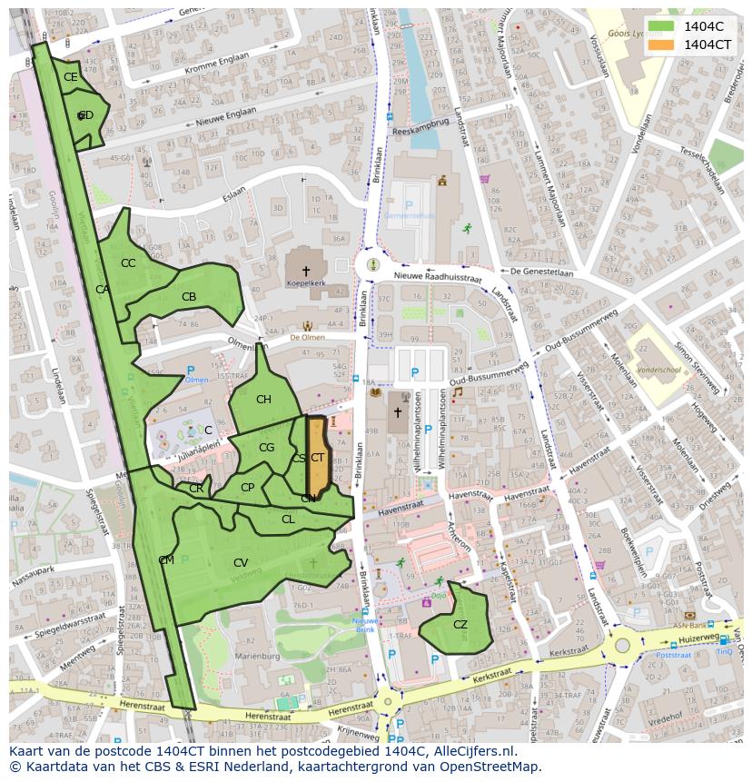 Afbeelding van het postcodegebied 1404 CT op de kaart.