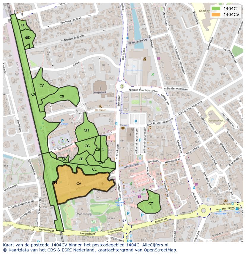 Afbeelding van het postcodegebied 1404 CV op de kaart.