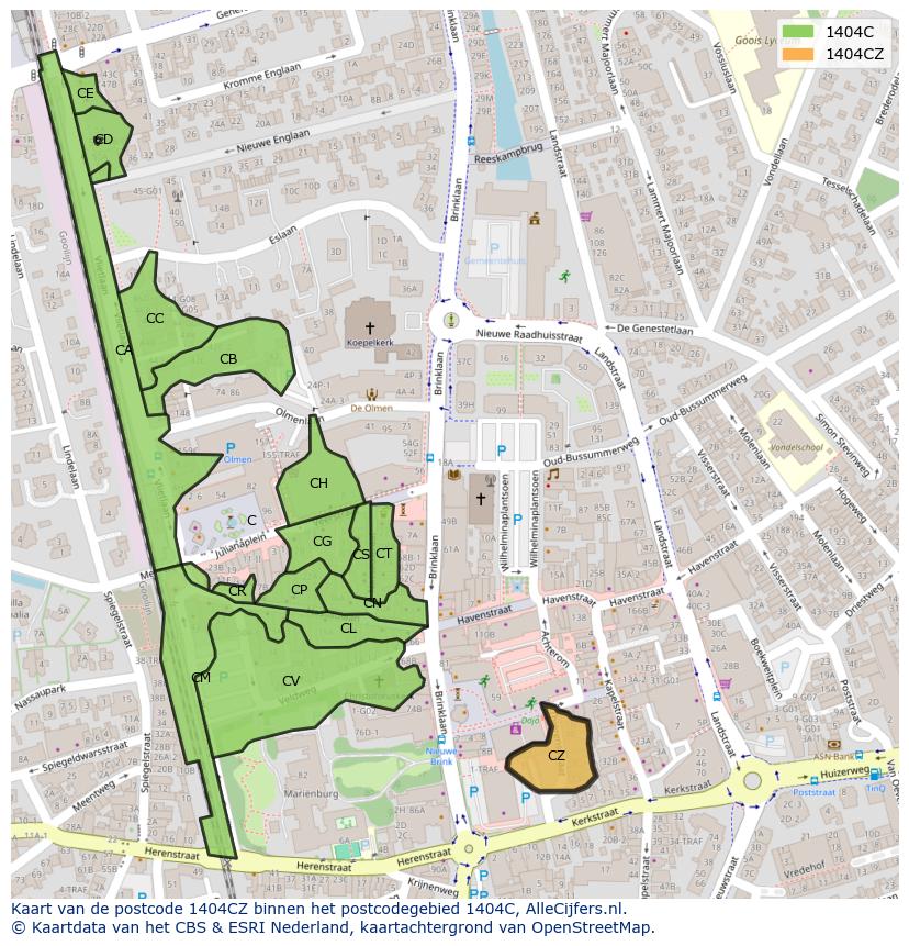 Afbeelding van het postcodegebied 1404 CZ op de kaart.