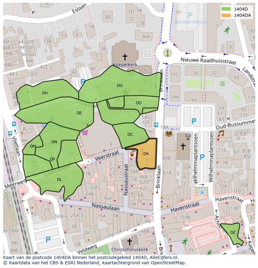 Afbeelding van het postcodegebied 1404 DA op de kaart.