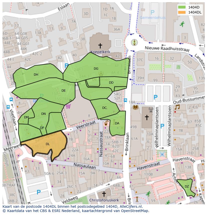 Afbeelding van het postcodegebied 1404 DL op de kaart.