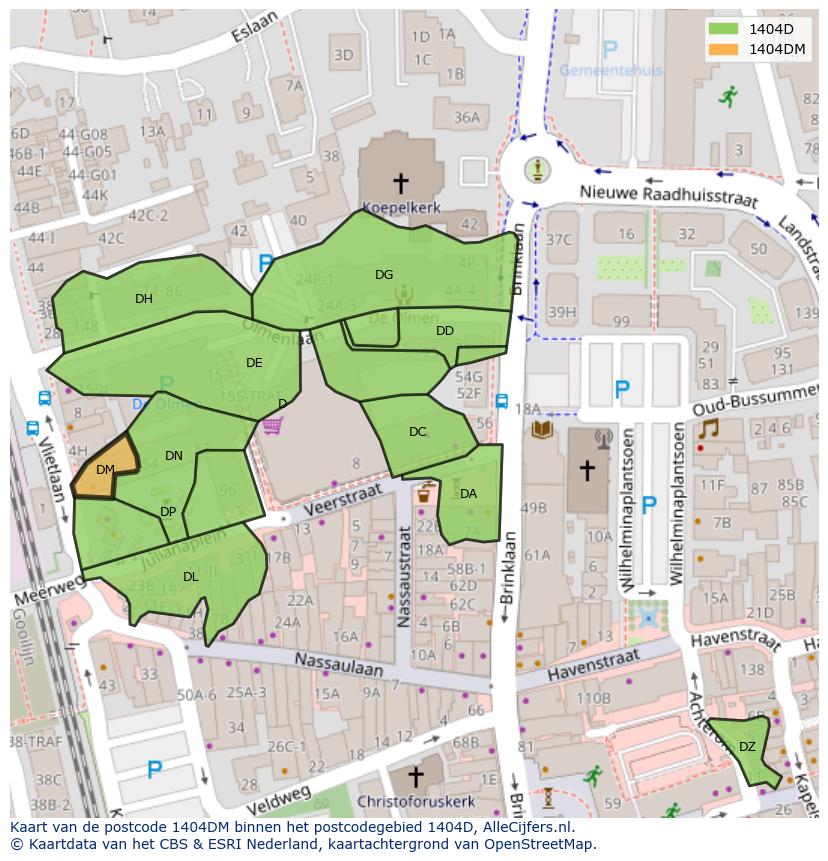 Afbeelding van het postcodegebied 1404 DM op de kaart.