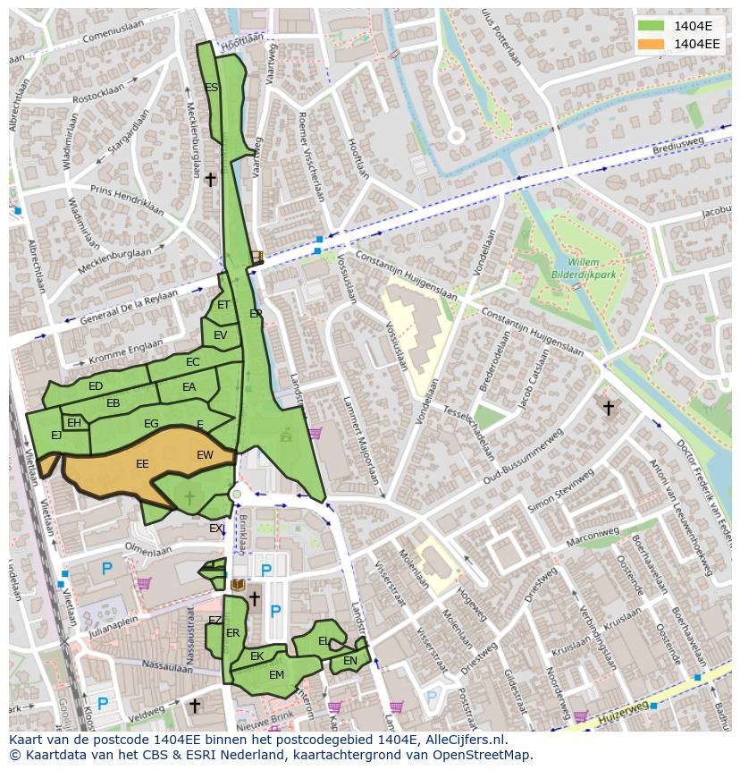 Afbeelding van het postcodegebied 1404 EE op de kaart.