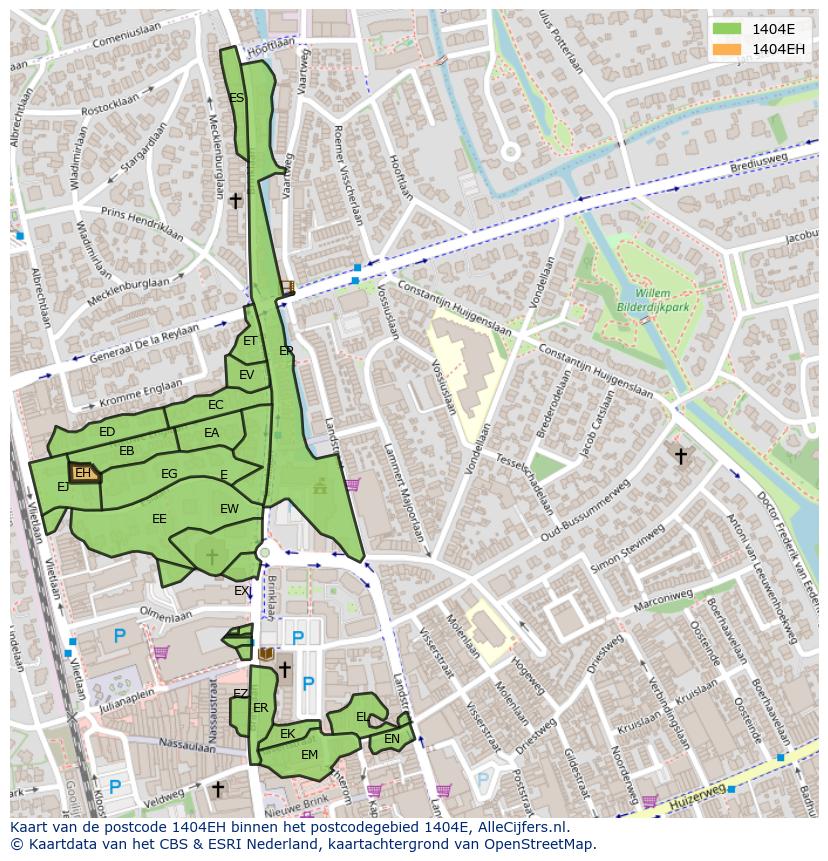 Afbeelding van het postcodegebied 1404 EH op de kaart.