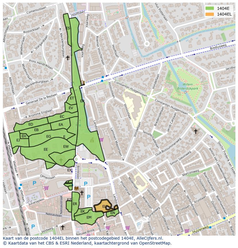 Afbeelding van het postcodegebied 1404 EL op de kaart.