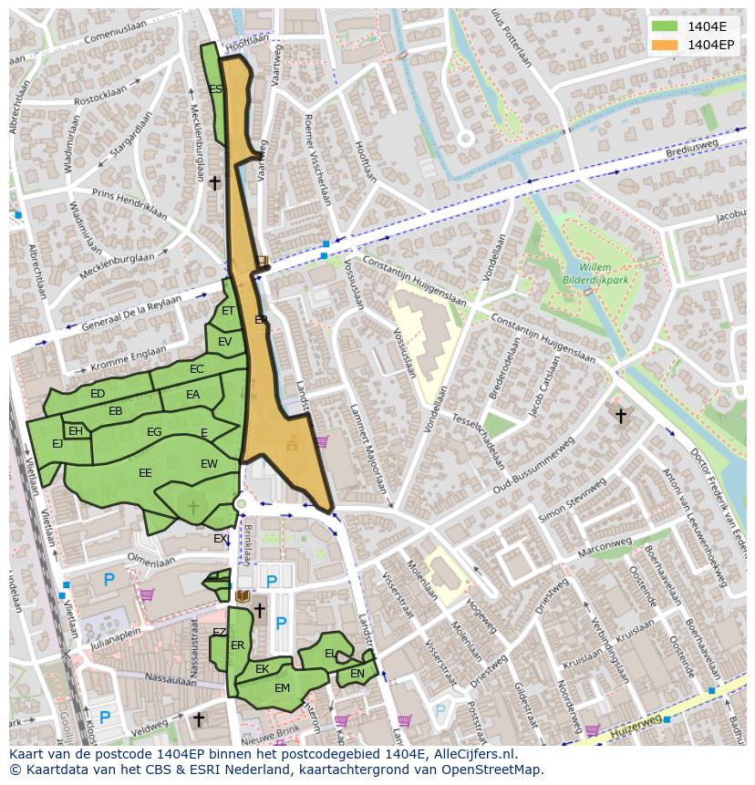 Afbeelding van het postcodegebied 1404 EP op de kaart.