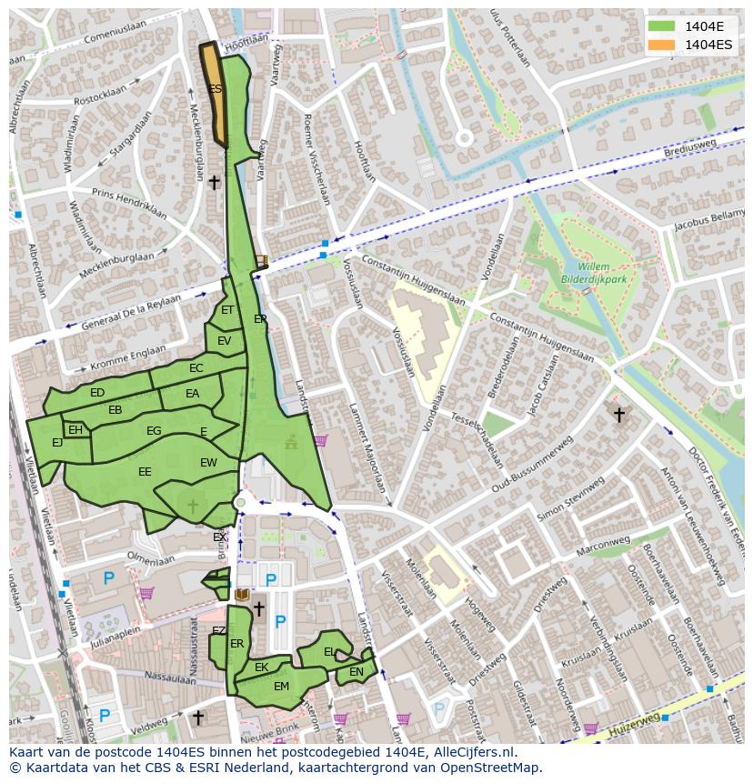 Afbeelding van het postcodegebied 1404 ES op de kaart.