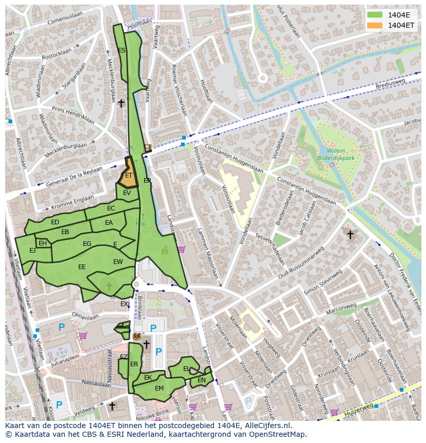 Afbeelding van het postcodegebied 1404 ET op de kaart.