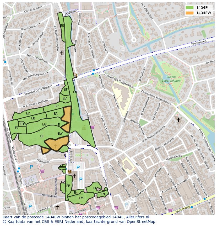 Afbeelding van het postcodegebied 1404 EW op de kaart.