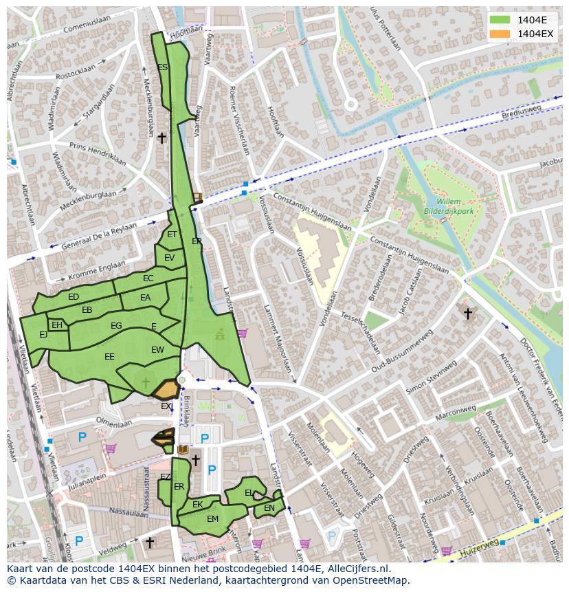 Afbeelding van het postcodegebied 1404 EX op de kaart.