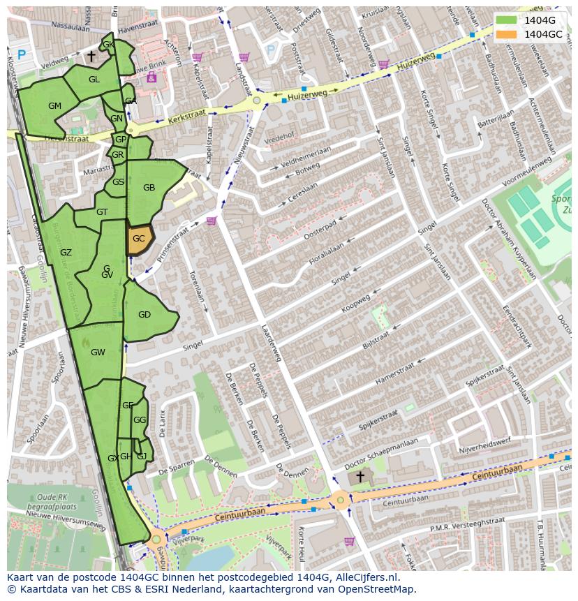 Afbeelding van het postcodegebied 1404 GC op de kaart.
