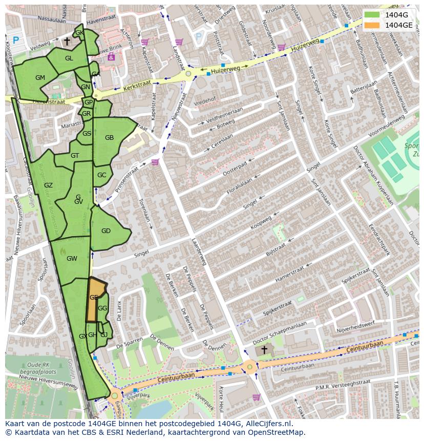 Afbeelding van het postcodegebied 1404 GE op de kaart.