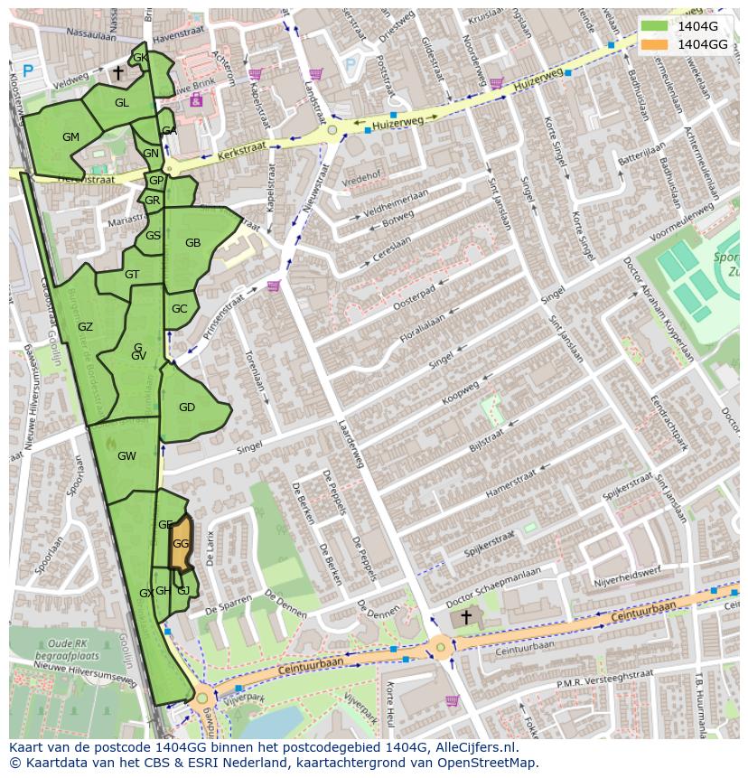 Afbeelding van het postcodegebied 1404 GG op de kaart.