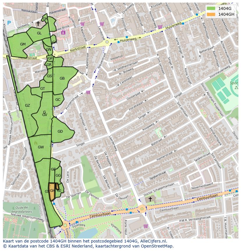 Afbeelding van het postcodegebied 1404 GH op de kaart.
