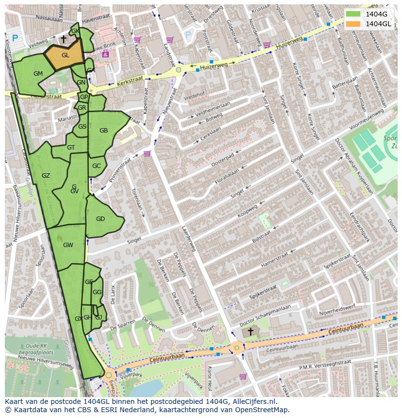 Afbeelding van het postcodegebied 1404 GL op de kaart.