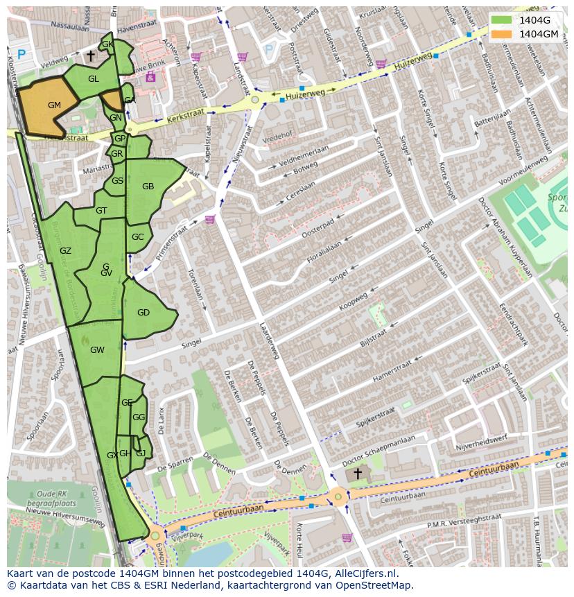 Afbeelding van het postcodegebied 1404 GM op de kaart.